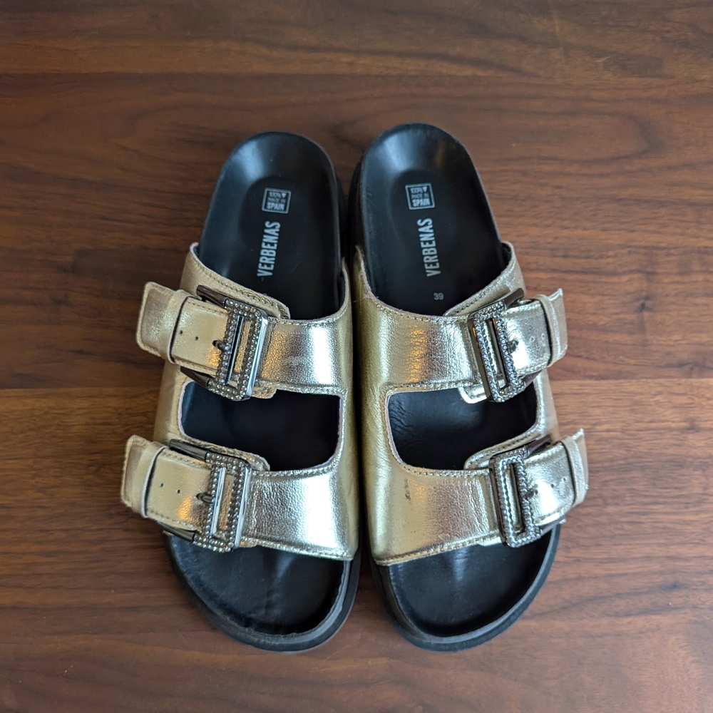 NWOT Verbenas Gold Leather Women's Sandals with Double Buckle with Crystals